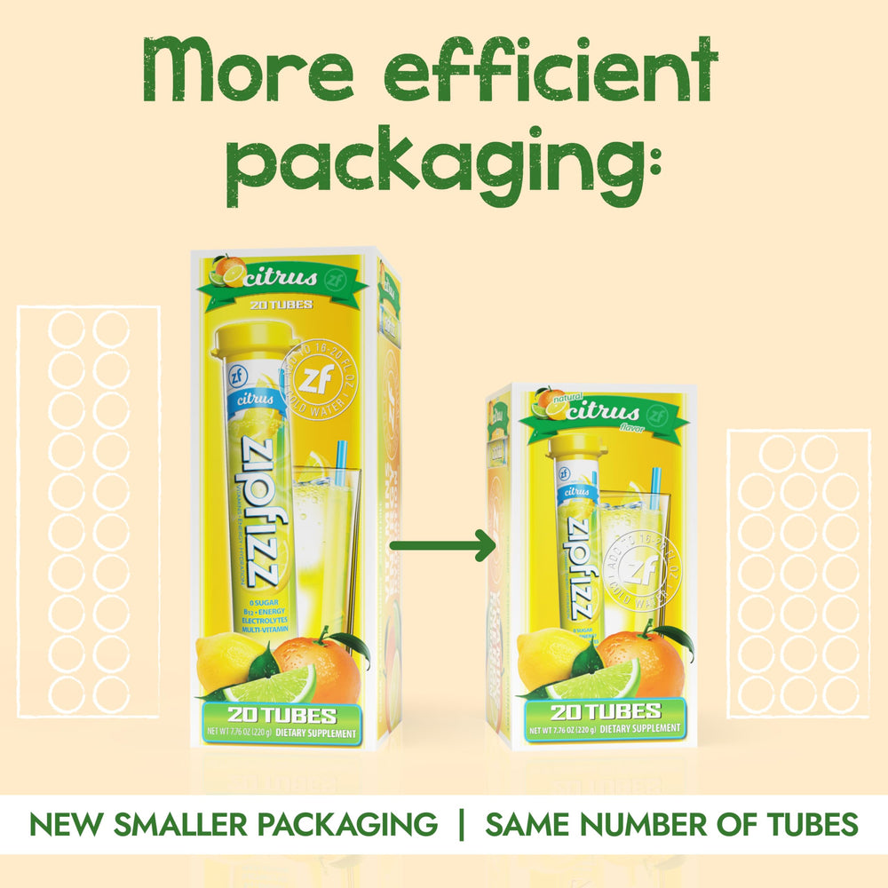 Zipfizz single tube close-up with citrus branding, convenient on-the-go boost