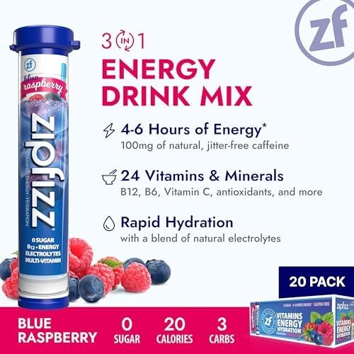 Zipfizz bebida azul efervescente en vaso, sabor Blue Raspberry refrescante