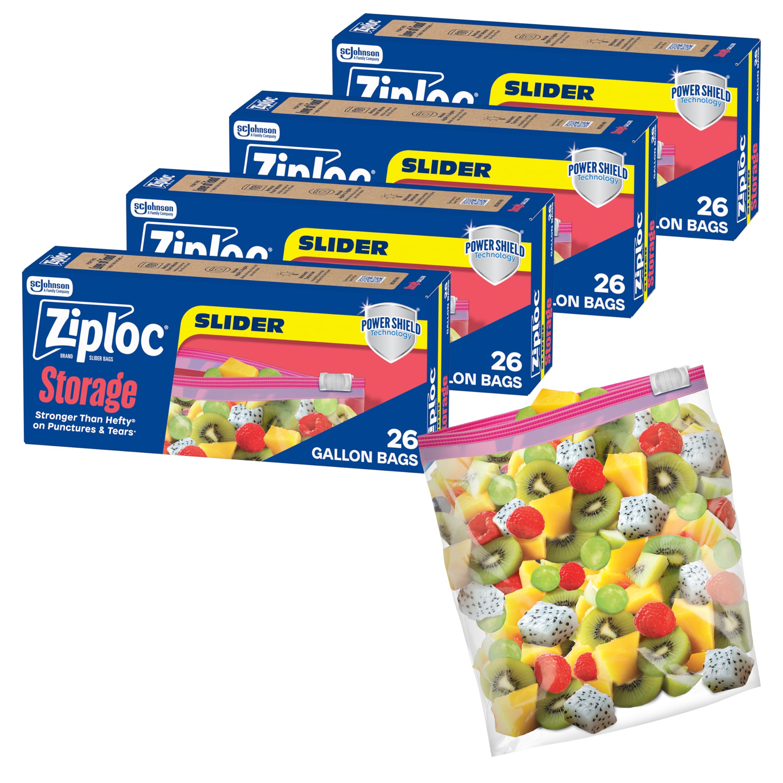 Ziploc frente caja 104 unidades mostrando cantidad y uso confiable