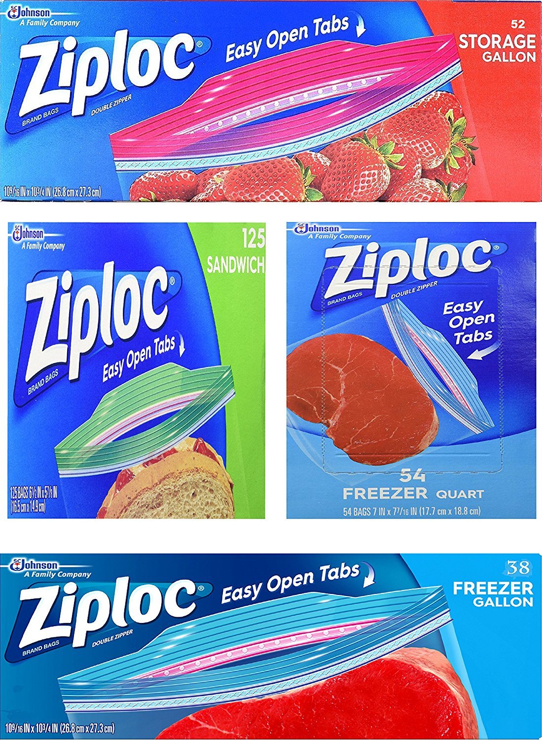 Ziploc frontal del paquete mostrando cierres y colores, organiza alimentos fácilmente
