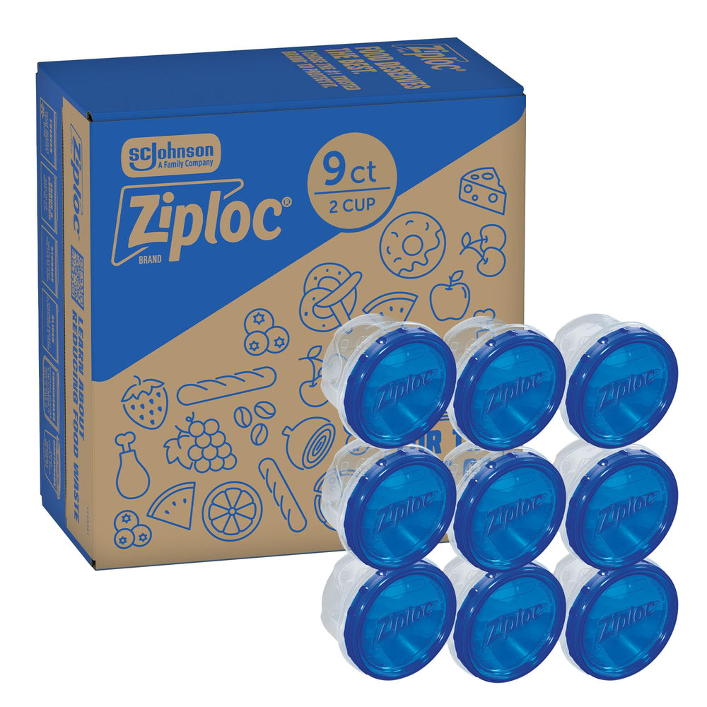 Ziploc paquete frontal mostrando 9 contenedores, organización eficiente