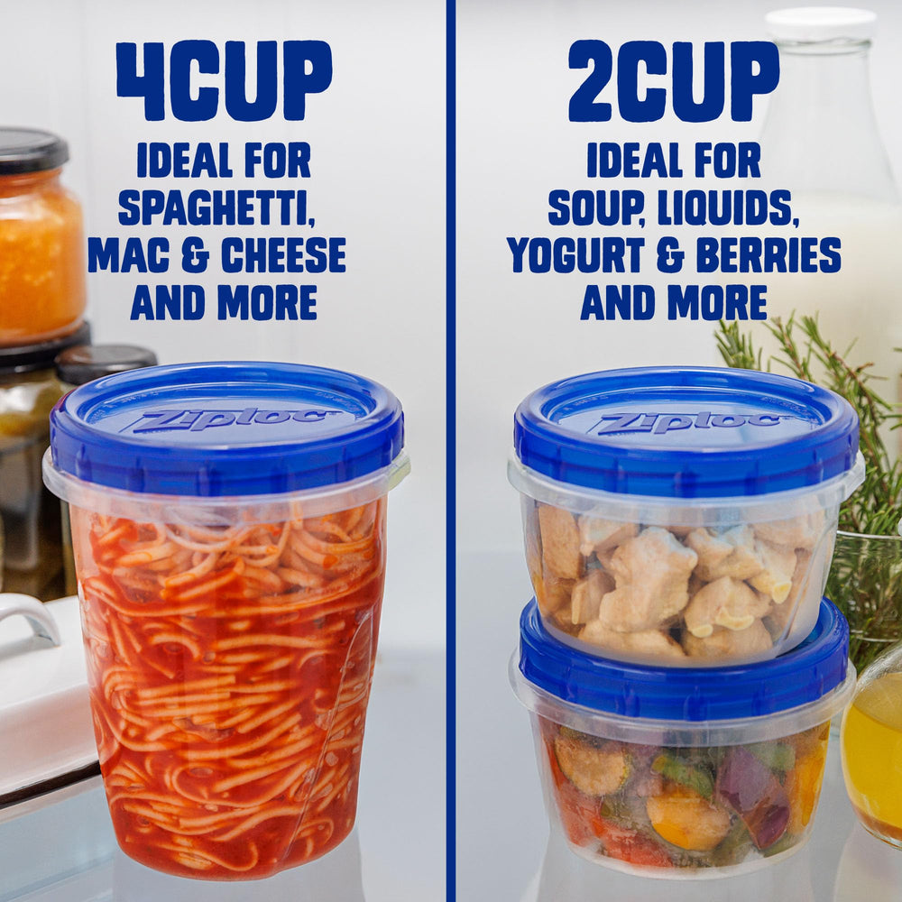 Ziploc contenedor junto a mano para comparar tamaño y capacidad