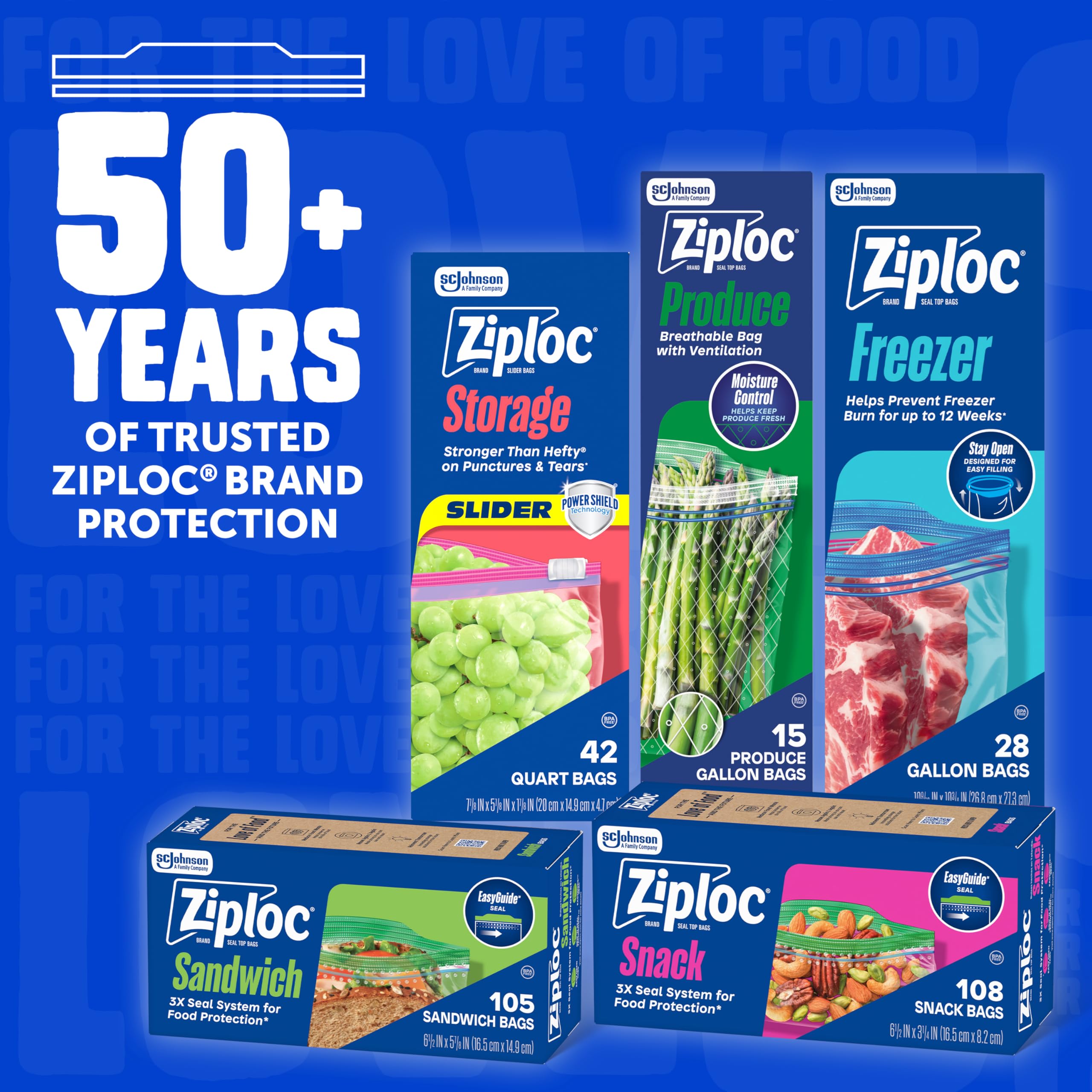 Ziploc bolsas organizadas en congelador reduciendo desperdicio