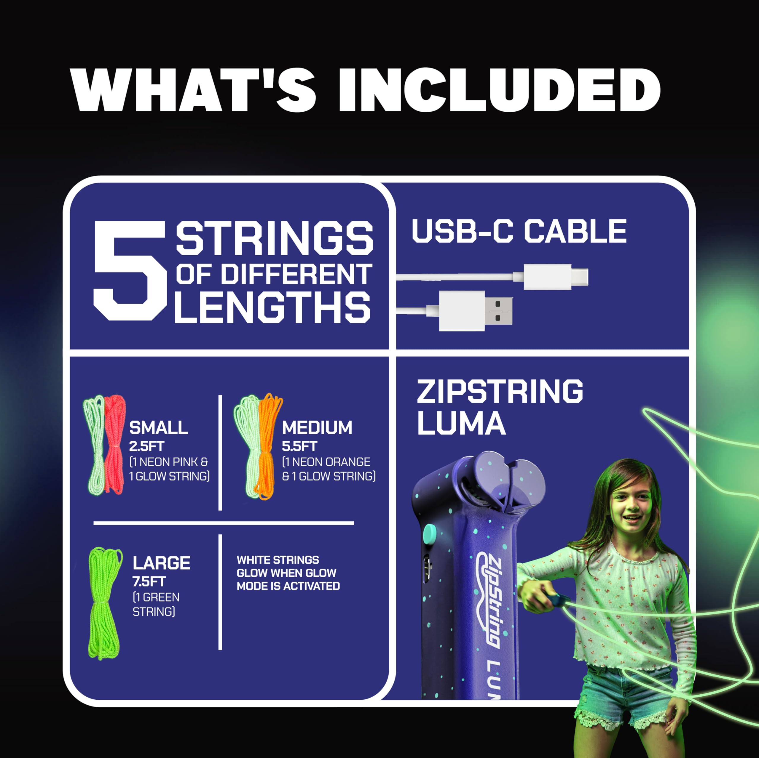ZipString Luma empaque abierto con etiquetas y accesorios, ZipString lista para regalo