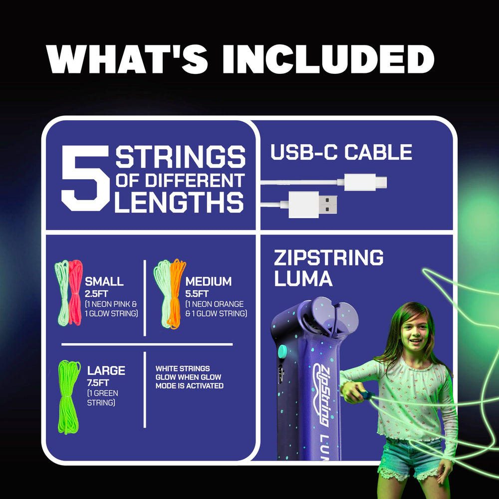 ZipString Luma empaque abierto con etiquetas y accesorios, ZipString lista para regalo