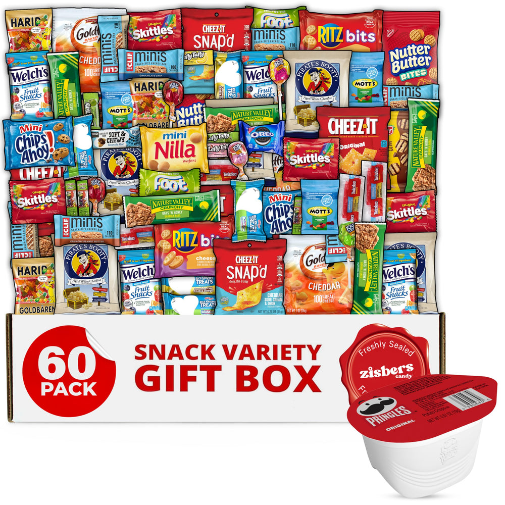 Zisbers caja frontal mostrando 60 snacks listos para regalar