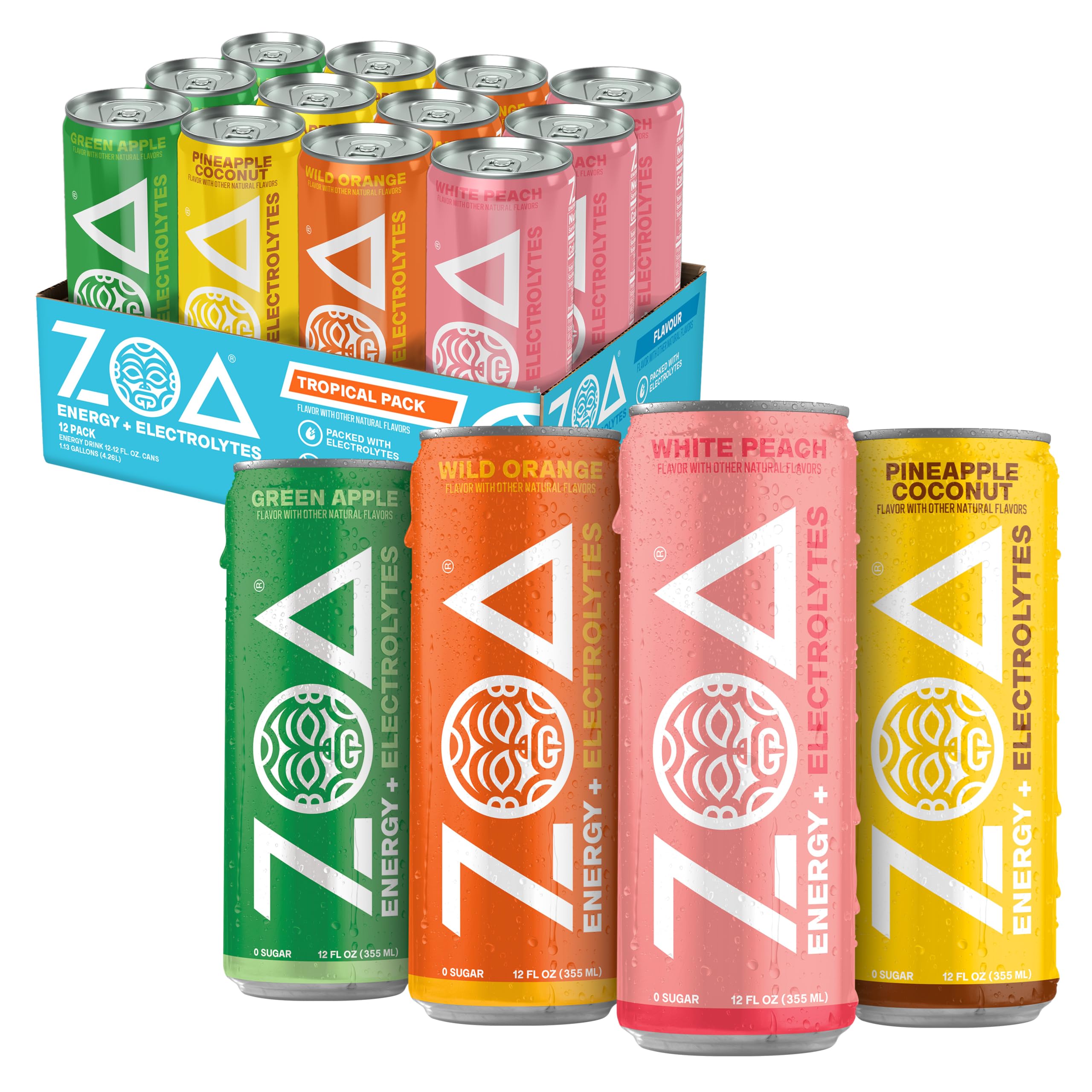 ZOA pack frontal tropical 12 latas mostrando diseño atractivo y conveniencia