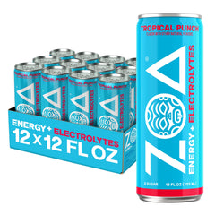ZOA Tropical Punch front packaging showing bright can and branding benefit energizes