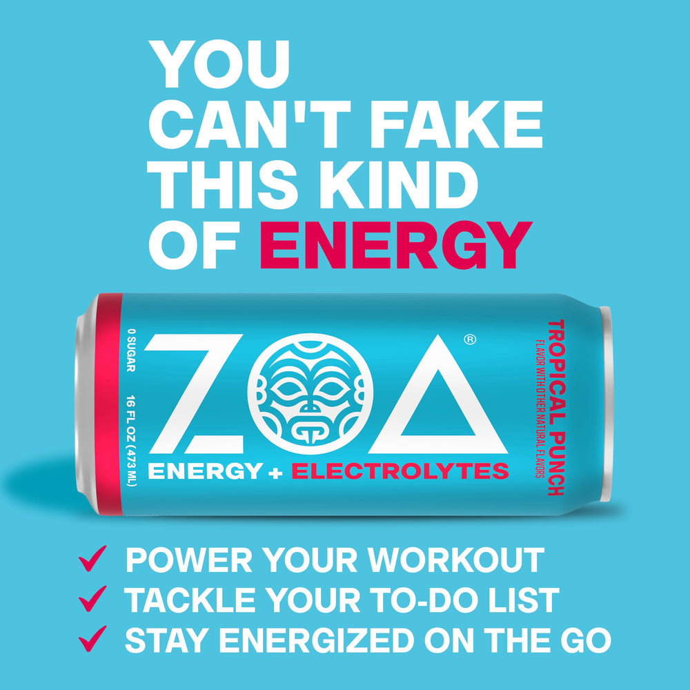 ZOA etiqueta enfocada en vitaminas y electrolitos para bienestar