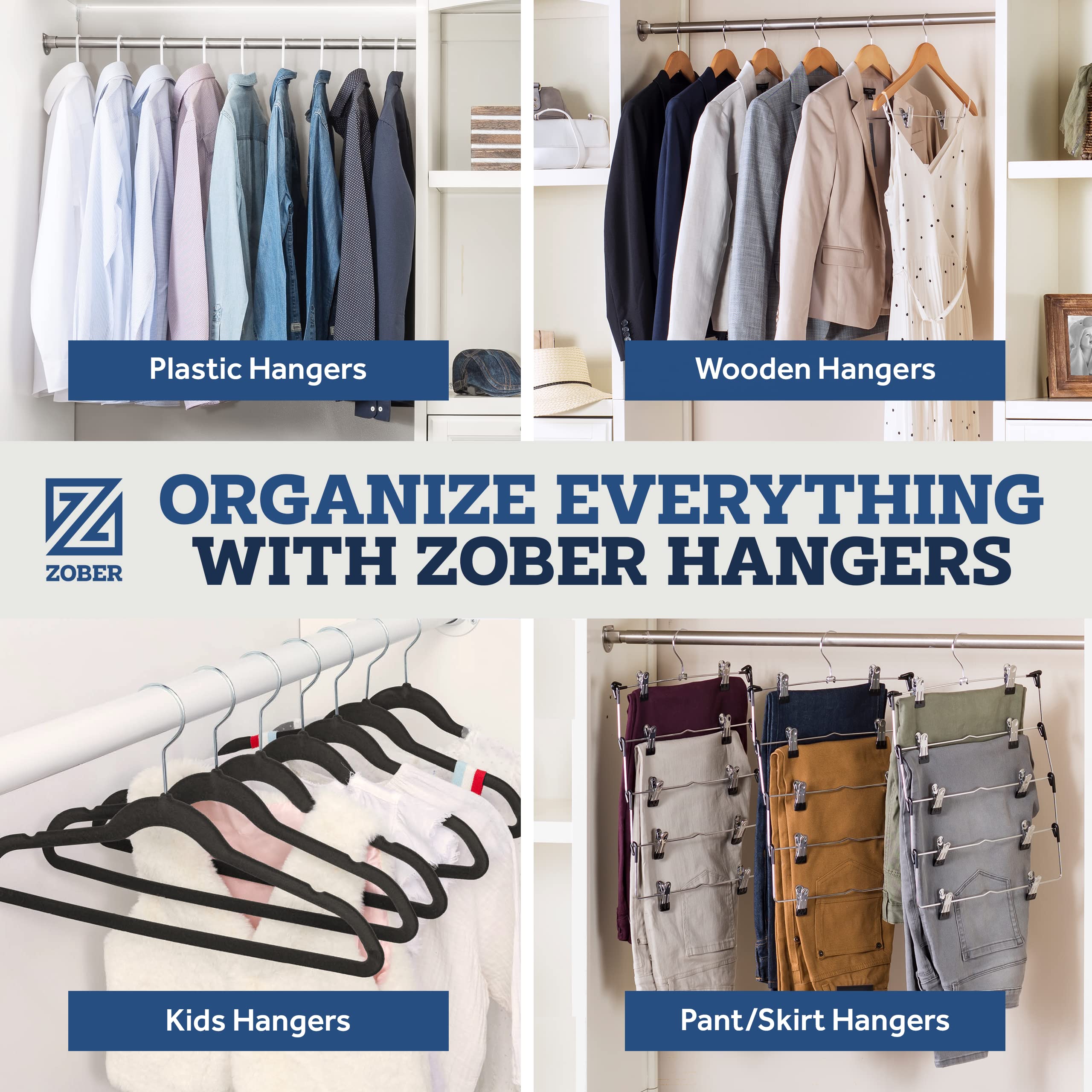 ZOBER perchas en ambiente lifestyle closet ordenado y visual limpio