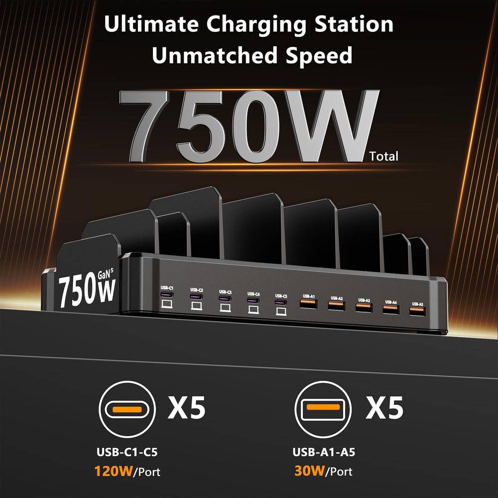 zobirez primer plano de los 5 USB‑C y 5 USB‑A para carga potente