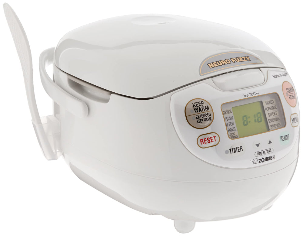 Zojirushi NS-ZCC10 vista frontal blanca con panel LCD y cordón retráctil para control fácil
