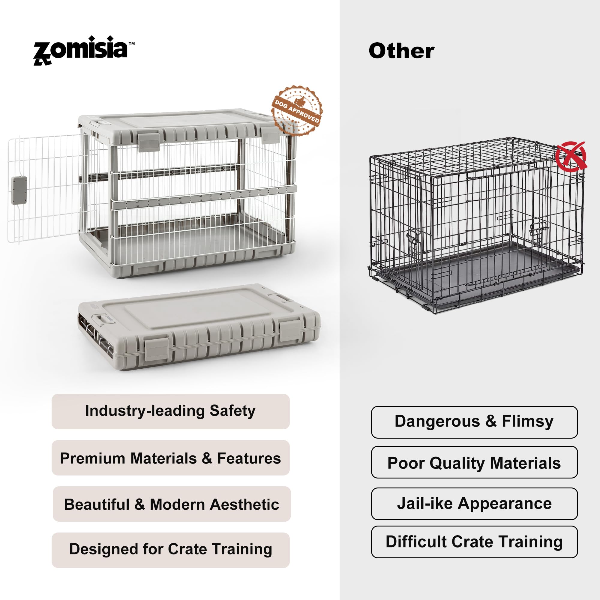 ZOMISIA junto a un perro grande para visualizar escala y confort