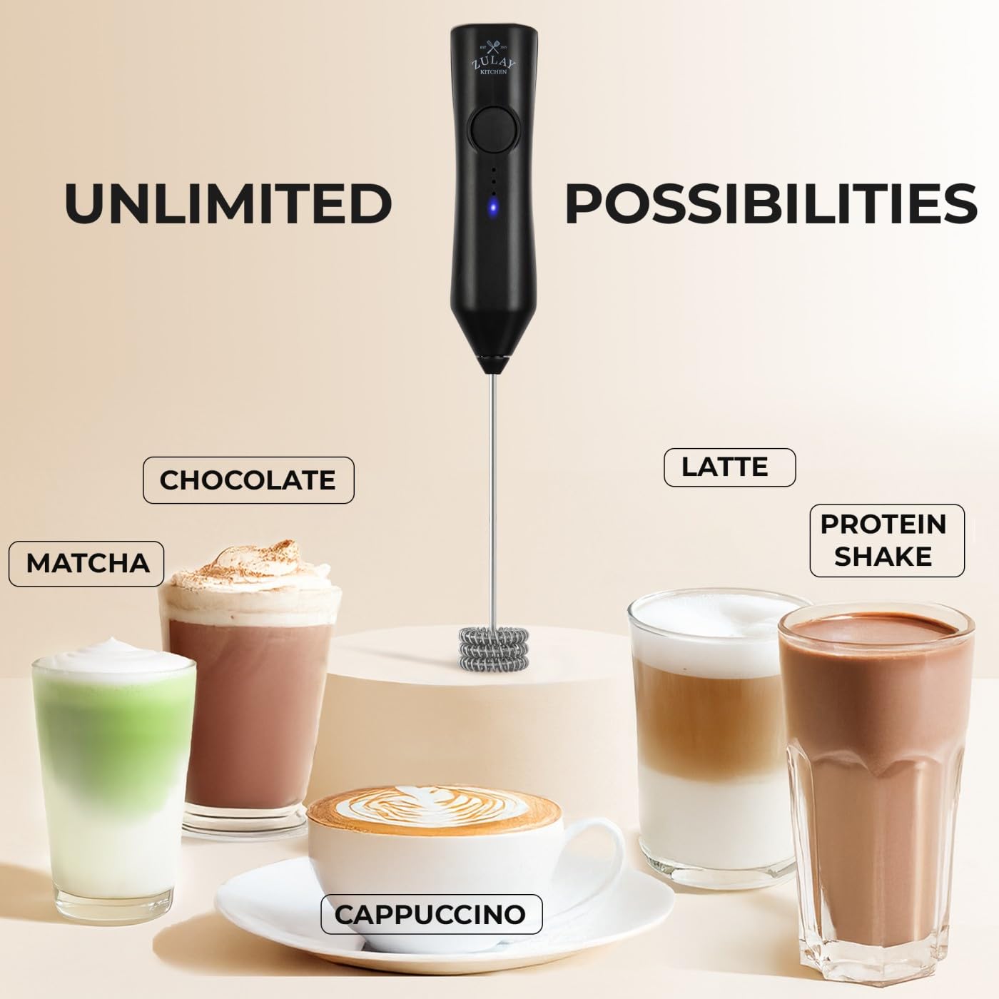 Zulay Kitchen puerto USB-C visible en el mango, recarga rápida y sin pilas desechables