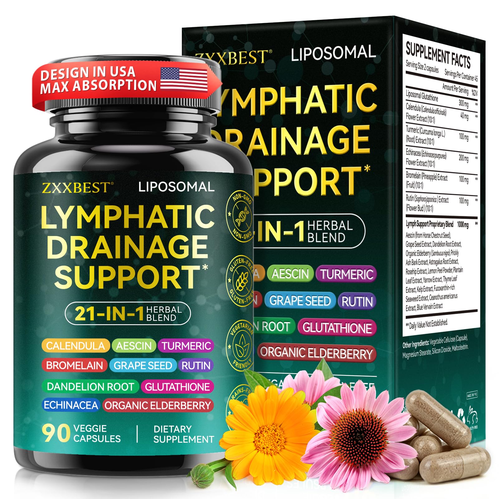ZXXBEST empaque frontal mostrando 90 cápsulas y beneficio de apoyo linfático