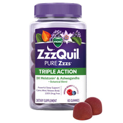 ZzzQuil envase frontal mostrando 60 gomitas y beneficios