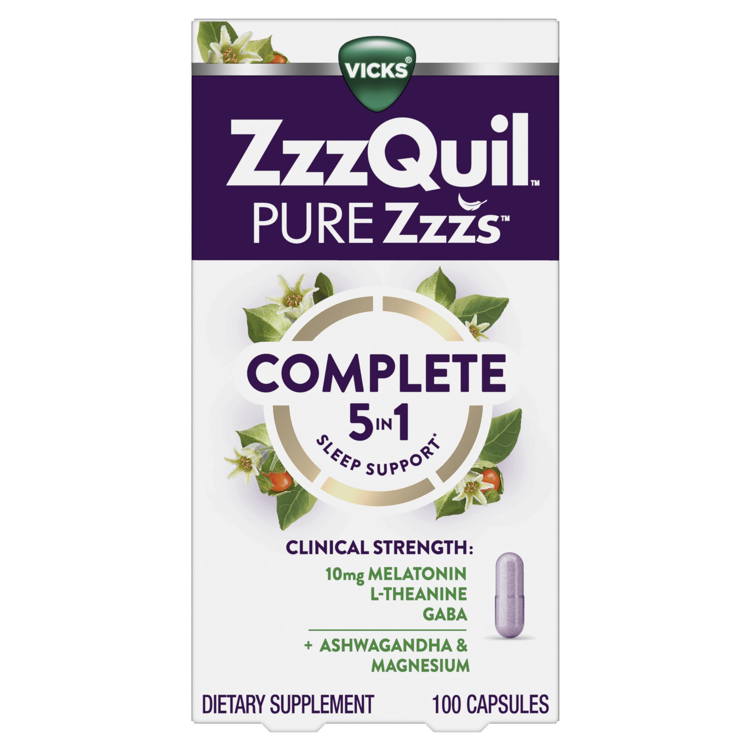 ZzzQuil envase frontal mostrando 100 cápsulas y beneficios nocturnos