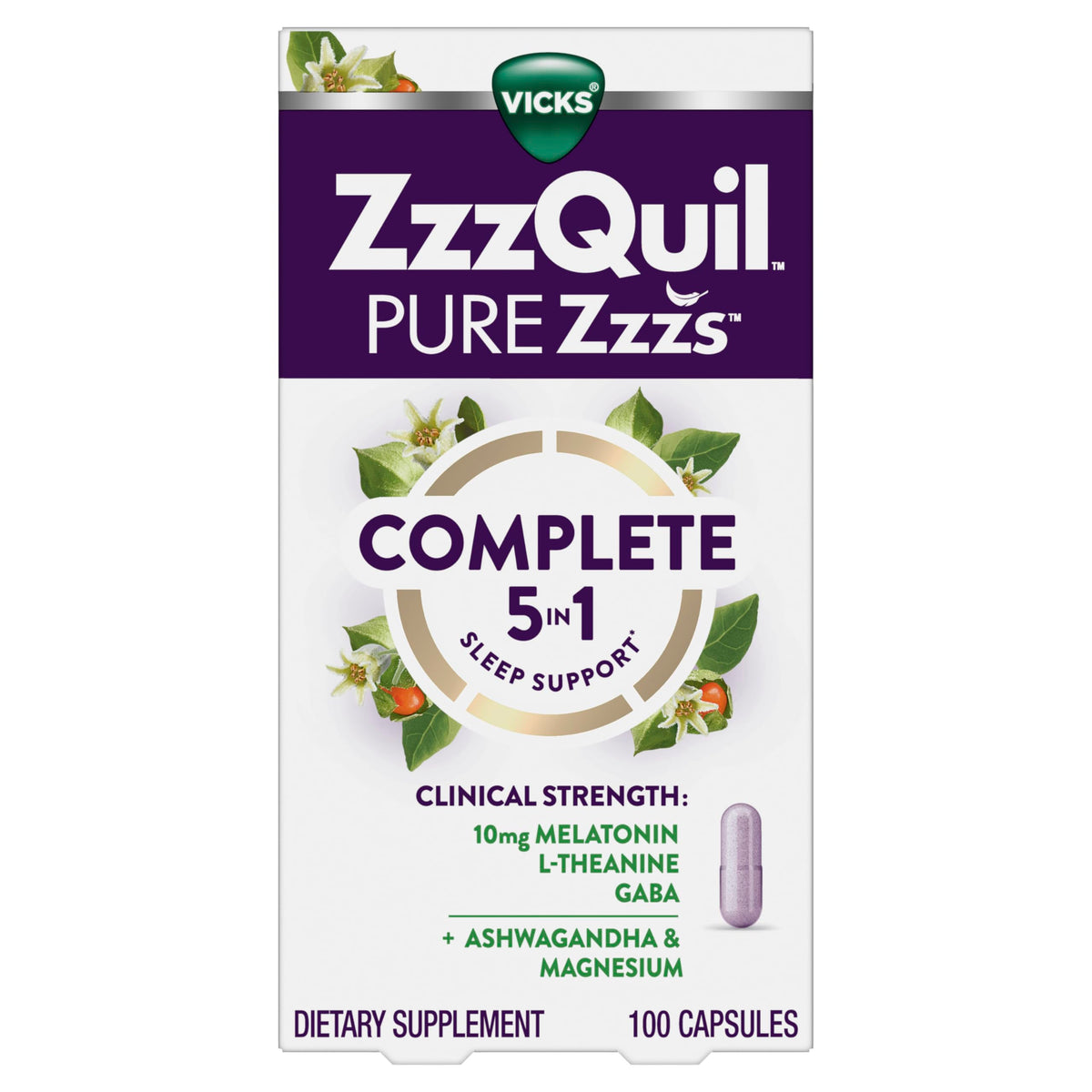 ZzzQuil envase frontal mostrando 100 cápsulas y beneficios nocturnos