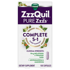 ZzzQuil envase frontal mostrando 100 cápsulas y beneficios nocturnos