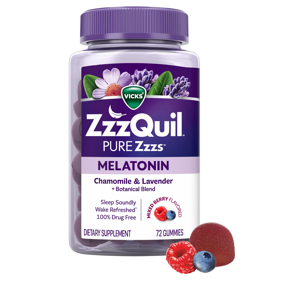 ZzzQuil envase frontal mostrando 72 gomitas y beneficio conveniencia
