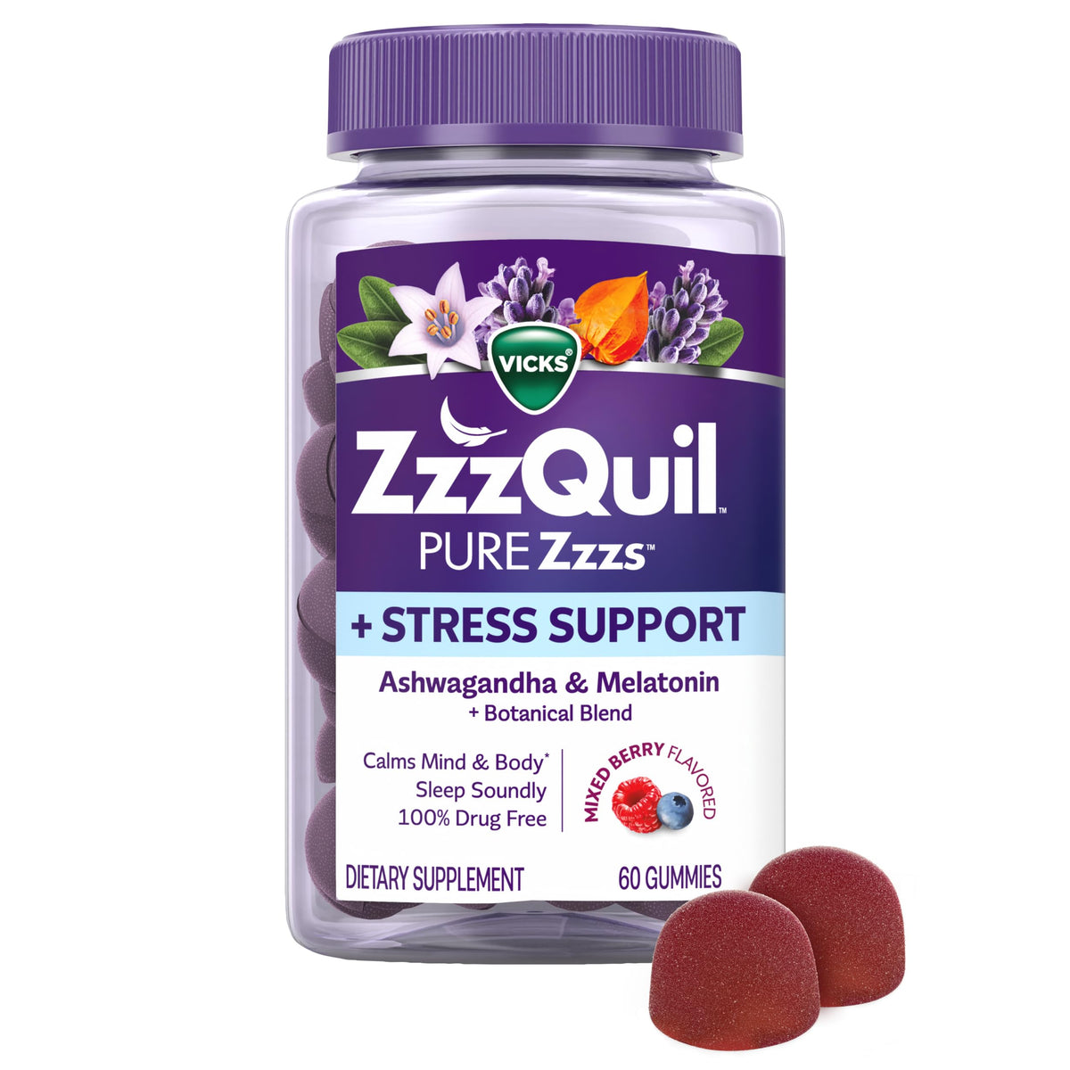 ZzzQuil envase frontal mostrando 60 gomitas y beneficio de calma nocturna