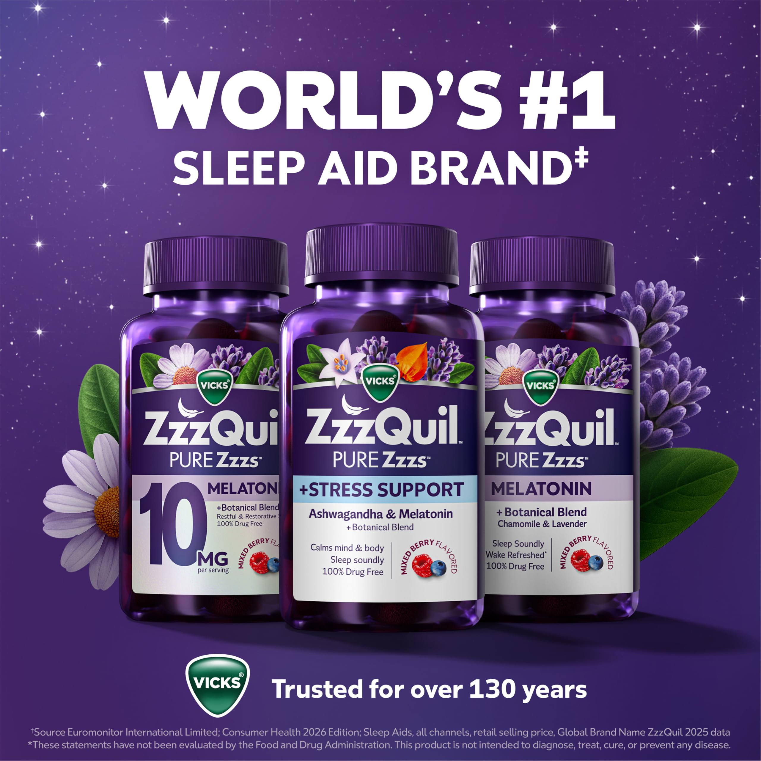 ZzzQuil primeros planos de lavanda y manzanilla como botanicos calmantes
